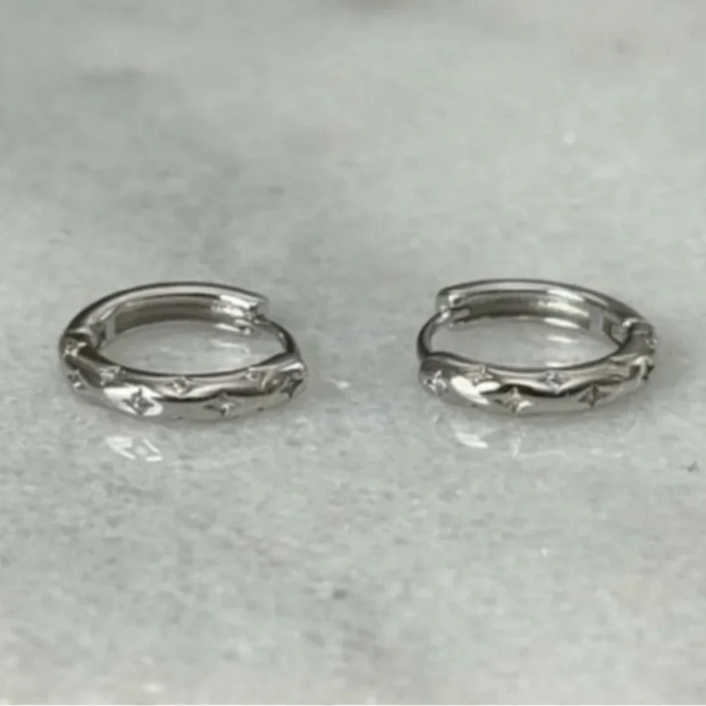 New Stock! Sterling Silver Star Crystal Pave Hoop Earrings Brand New